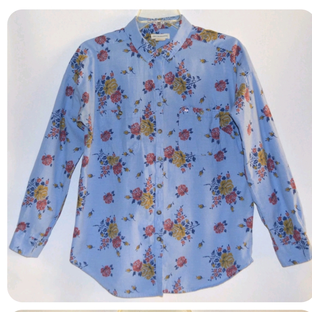 OBEY PROPAGANDA Women's Blue Floral Long Sleeves Collar Shirt Size Small